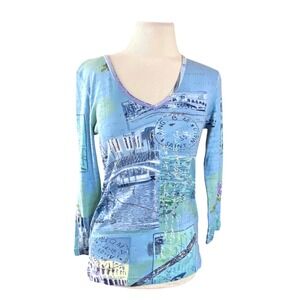Chaudry KC Womens Blue Travel Print Sequin V-Neck Long Sleeve Top Size‎ S NWT